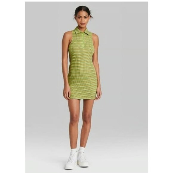 Wild Fable Womens Y2K Green XS Mini Dress Striped Sleeveless Ribbed Mini Zip - Picture 2 of 9
